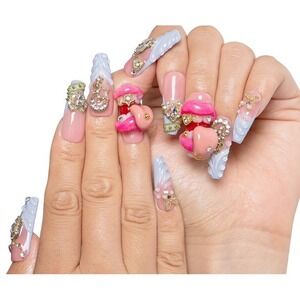 Lovful Handmade‎ Press On Nails Rhinestone Heart Charms Pink Gray Full Set Large